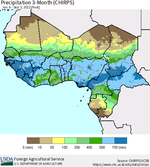 Western Africa Precipitation 3-Month (CHIRPS) Thematic Map For 6/6/2022 - 9/5/2022