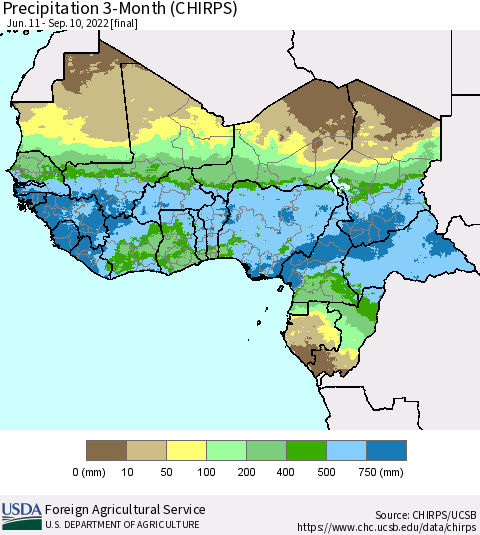 Western Africa Precipitation 3-Month (CHIRPS) Thematic Map For 6/11/2022 - 9/10/2022