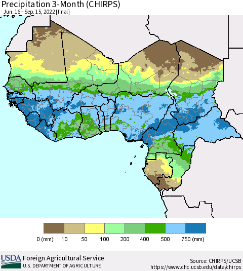 Western Africa Precipitation 3-Month (CHIRPS) Thematic Map For 6/16/2022 - 9/15/2022