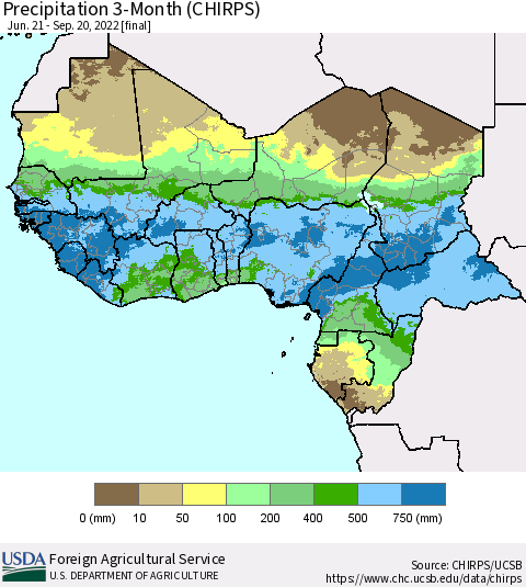 Western Africa Precipitation 3-Month (CHIRPS) Thematic Map For 6/21/2022 - 9/20/2022