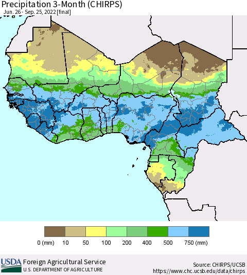 Western Africa Precipitation 3-Month (CHIRPS) Thematic Map For 6/26/2022 - 9/25/2022