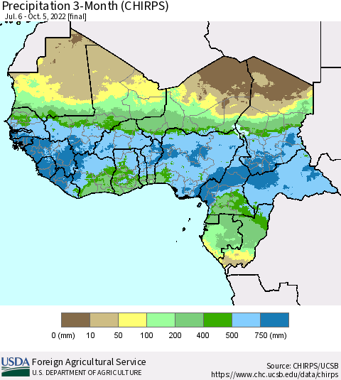 Western Africa Precipitation 3-Month (CHIRPS) Thematic Map For 7/6/2022 - 10/5/2022
