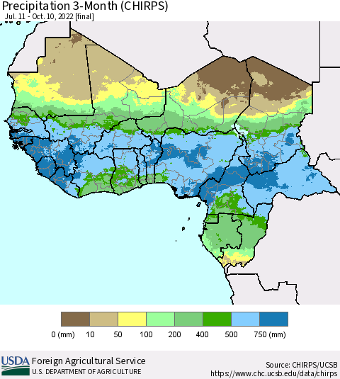 Western Africa Precipitation 3-Month (CHIRPS) Thematic Map For 7/11/2022 - 10/10/2022