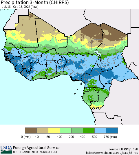 Western Africa Precipitation 3-Month (CHIRPS) Thematic Map For 7/16/2022 - 10/15/2022