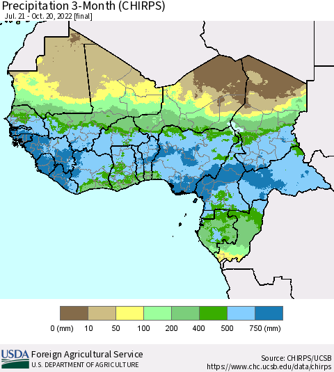Western Africa Precipitation 3-Month (CHIRPS) Thematic Map For 7/21/2022 - 10/20/2022