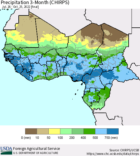 Western Africa Precipitation 3-Month (CHIRPS) Thematic Map For 7/26/2022 - 10/25/2022