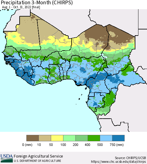 Western Africa Precipitation 3-Month (CHIRPS) Thematic Map For 8/1/2022 - 10/31/2022