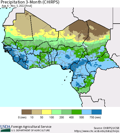 Western Africa Precipitation 3-Month (CHIRPS) Thematic Map For 8/6/2022 - 11/5/2022