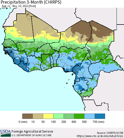 Western Africa Precipitation 3-Month (CHIRPS) Thematic Map For 8/11/2022 - 11/10/2022