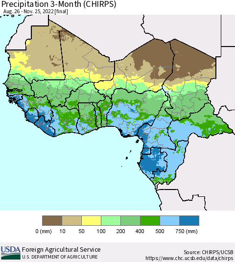 Western Africa Precipitation 3-Month (CHIRPS) Thematic Map For 8/26/2022 - 11/25/2022