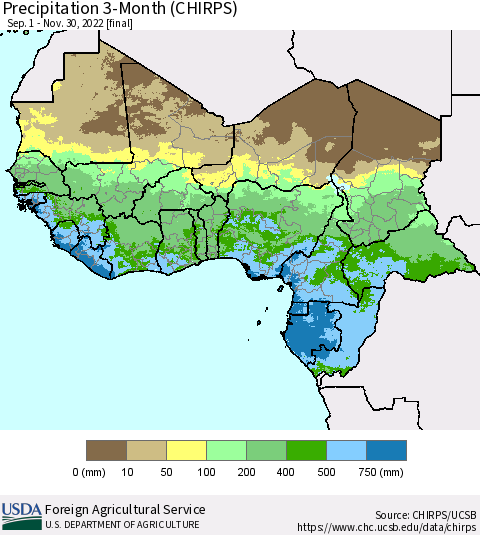 Western Africa Precipitation 3-Month (CHIRPS) Thematic Map For 9/1/2022 - 11/30/2022