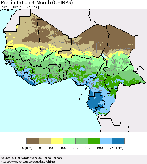 Western Africa Precipitation 3-Month (CHIRPS) Thematic Map For 9/6/2022 - 12/5/2022