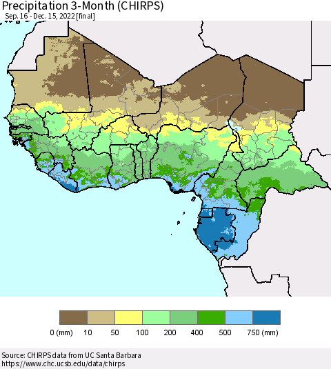 Western Africa Precipitation 3-Month (CHIRPS) Thematic Map For 9/16/2022 - 12/15/2022