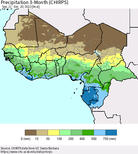 Western Africa Precipitation 3-Month (CHIRPS) Thematic Map For 9/21/2022 - 12/20/2022