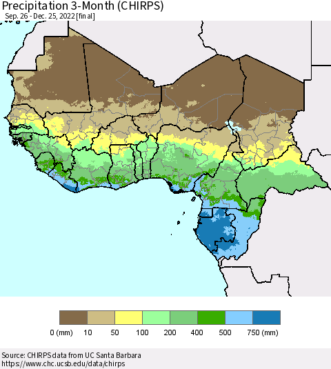 Western Africa Precipitation 3-Month (CHIRPS) Thematic Map For 9/26/2022 - 12/25/2022