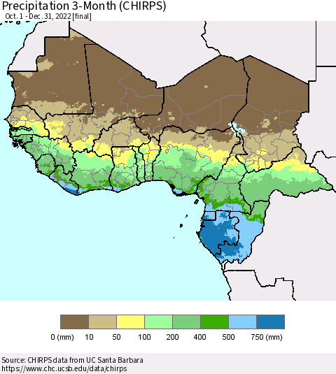 Western Africa Precipitation 3-Month (CHIRPS) Thematic Map For 10/1/2022 - 12/31/2022