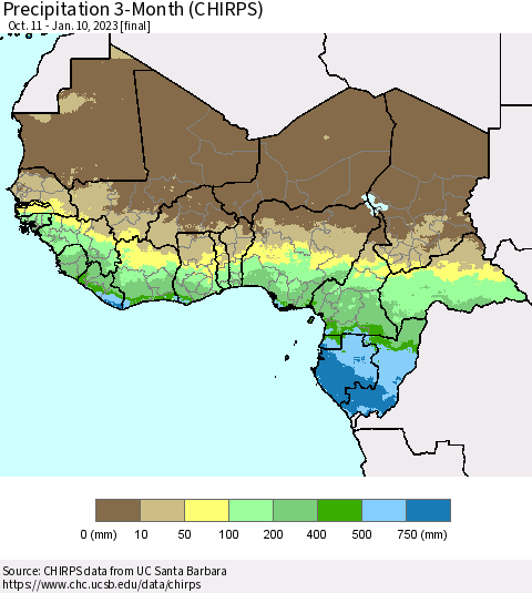 Western Africa Precipitation 3-Month (CHIRPS) Thematic Map For 10/11/2022 - 1/10/2023