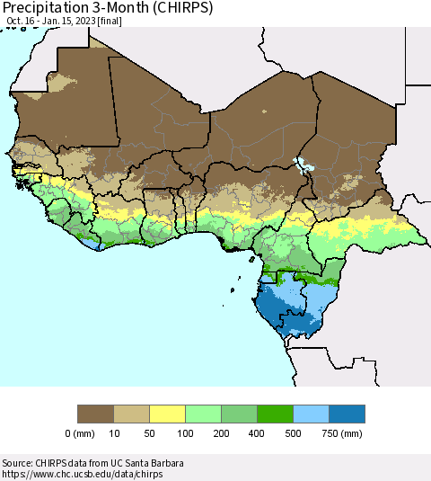 Western Africa Precipitation 3-Month (CHIRPS) Thematic Map For 10/16/2022 - 1/15/2023