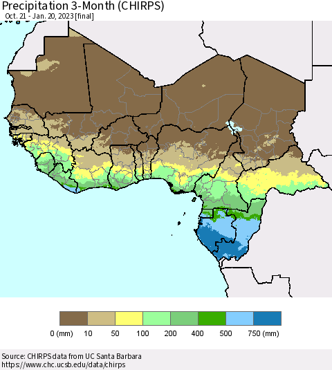 Western Africa Precipitation 3-Month (CHIRPS) Thematic Map For 10/21/2022 - 1/20/2023