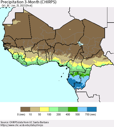 Western Africa Precipitation 3-Month (CHIRPS) Thematic Map For 10/26/2022 - 1/25/2023