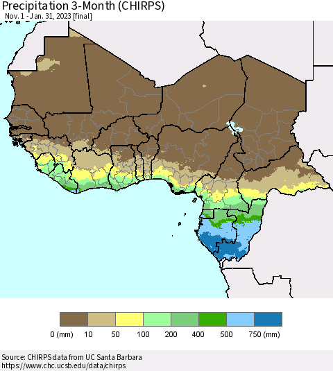 Western Africa Precipitation 3-Month (CHIRPS) Thematic Map For 11/1/2022 - 1/31/2023