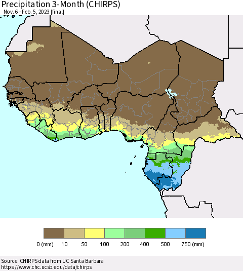 Western Africa Precipitation 3-Month (CHIRPS) Thematic Map For 11/6/2022 - 2/5/2023