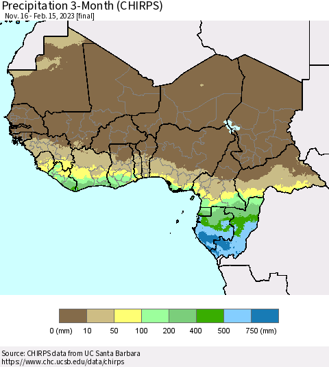 Western Africa Precipitation 3-Month (CHIRPS) Thematic Map For 11/16/2022 - 2/15/2023