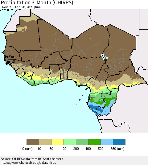 Western Africa Precipitation 3-Month (CHIRPS) Thematic Map For 11/21/2022 - 2/20/2023