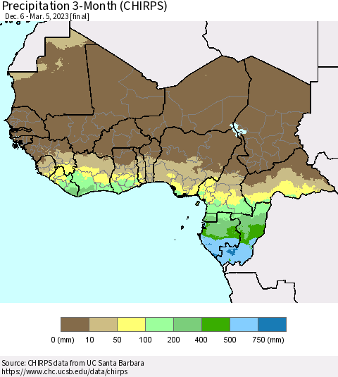 Western Africa Precipitation 3-Month (CHIRPS) Thematic Map For 12/6/2022 - 3/5/2023