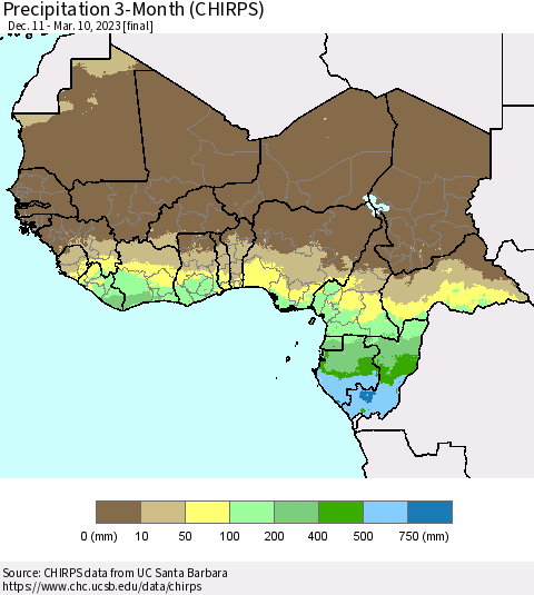 Western Africa Precipitation 3-Month (CHIRPS) Thematic Map For 12/11/2022 - 3/10/2023