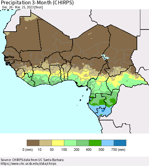 Western Africa Precipitation 3-Month (CHIRPS) Thematic Map For 12/26/2022 - 3/25/2023