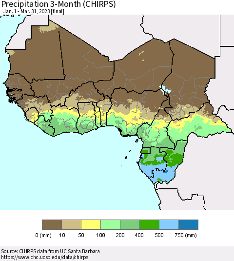 Western Africa Precipitation 3-Month (CHIRPS) Thematic Map For 1/1/2023 - 3/31/2023