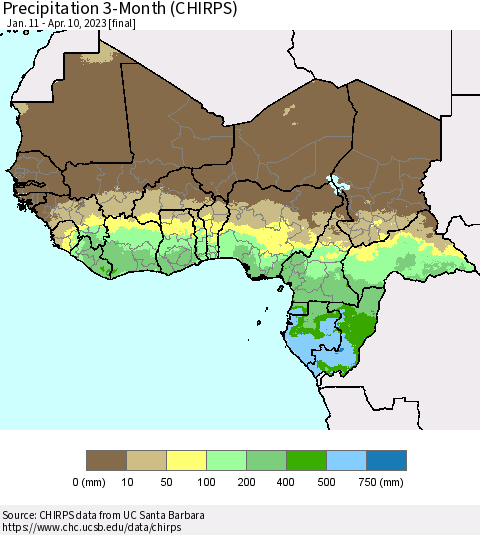 Western Africa Precipitation 3-Month (CHIRPS) Thematic Map For 1/11/2023 - 4/10/2023