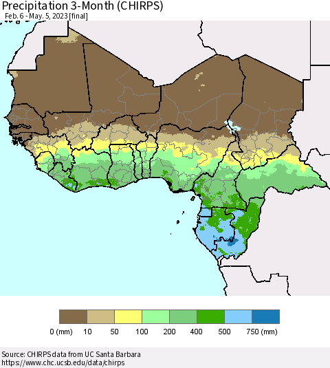 Western Africa Precipitation 3-Month (CHIRPS) Thematic Map For 2/6/2023 - 5/5/2023