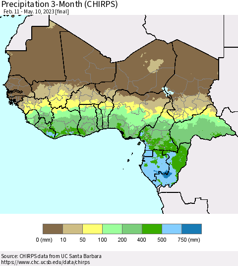 Western Africa Precipitation 3-Month (CHIRPS) Thematic Map For 2/11/2023 - 5/10/2023