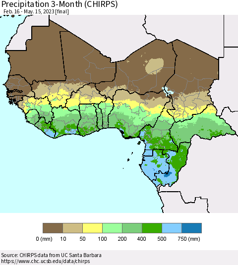 Western Africa Precipitation 3-Month (CHIRPS) Thematic Map For 2/16/2023 - 5/15/2023