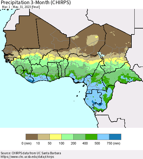Western Africa Precipitation 3-Month (CHIRPS) Thematic Map For 3/1/2023 - 5/31/2023