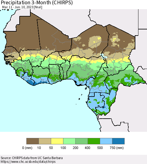 Western Africa Precipitation 3-Month (CHIRPS) Thematic Map For 3/11/2023 - 6/10/2023