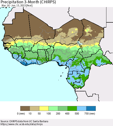 Western Africa Precipitation 3-Month (CHIRPS) Thematic Map For 3/16/2023 - 6/15/2023