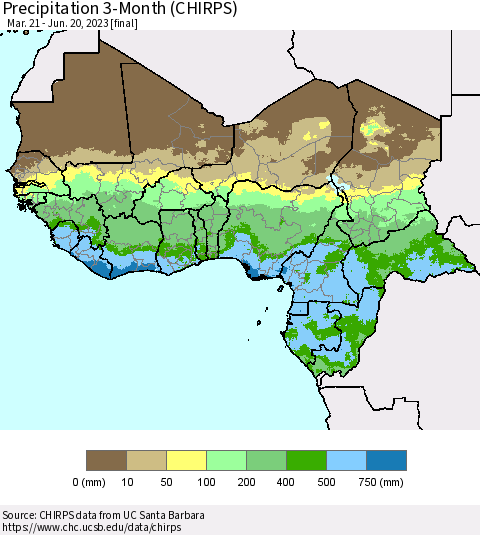 Western Africa Precipitation 3-Month (CHIRPS) Thematic Map For 3/21/2023 - 6/20/2023