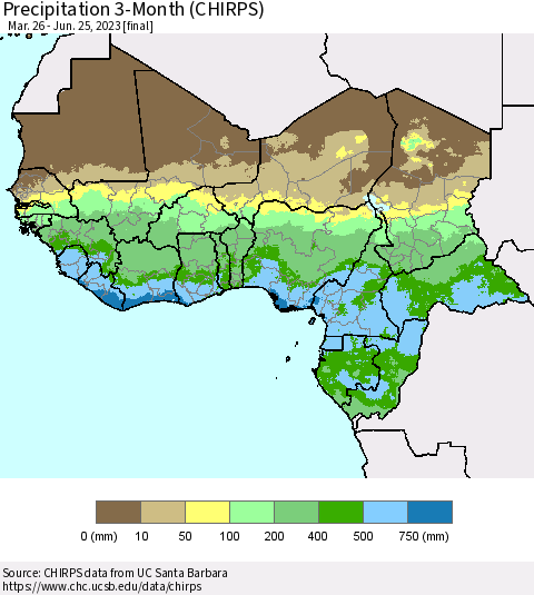 Western Africa Precipitation 3-Month (CHIRPS) Thematic Map For 3/26/2023 - 6/25/2023