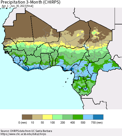 Western Africa Precipitation 3-Month (CHIRPS) Thematic Map For 4/1/2023 - 6/30/2023