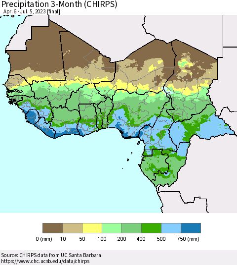 Western Africa Precipitation 3-Month (CHIRPS) Thematic Map For 4/6/2023 - 7/5/2023
