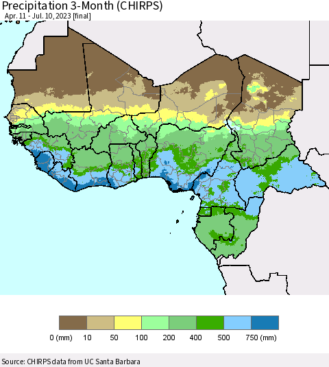 Western Africa Precipitation 3-Month (CHIRPS) Thematic Map For 4/11/2023 - 7/10/2023