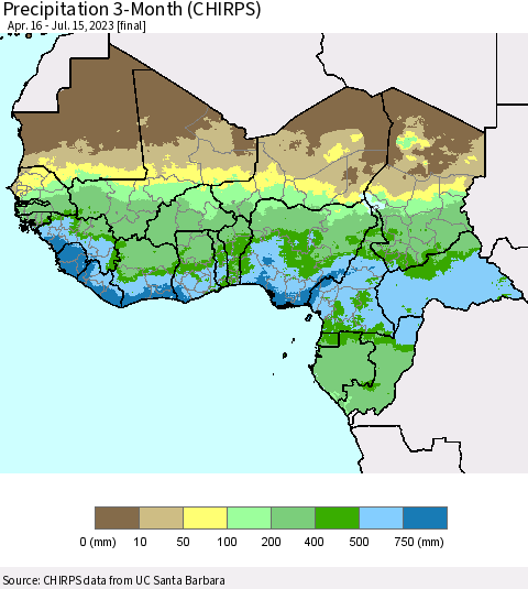 Western Africa Precipitation 3-Month (CHIRPS) Thematic Map For 4/16/2023 - 7/15/2023