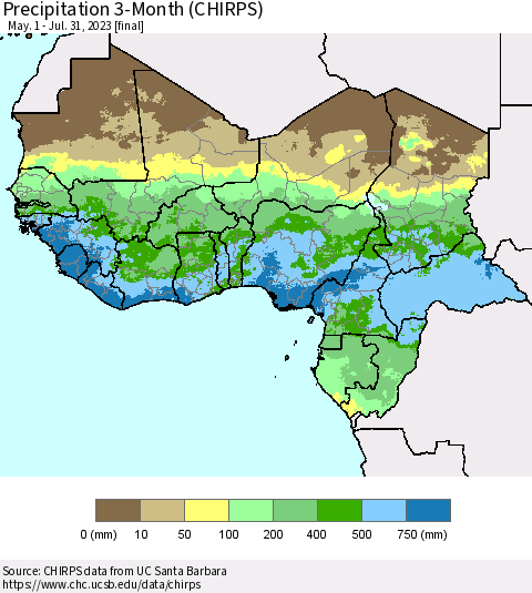 Western Africa Precipitation 3-Month (CHIRPS) Thematic Map For 5/1/2023 - 7/31/2023