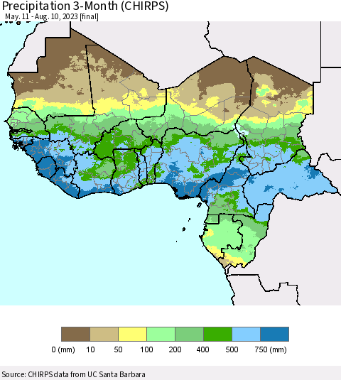Western Africa Precipitation 3-Month (CHIRPS) Thematic Map For 5/11/2023 - 8/10/2023
