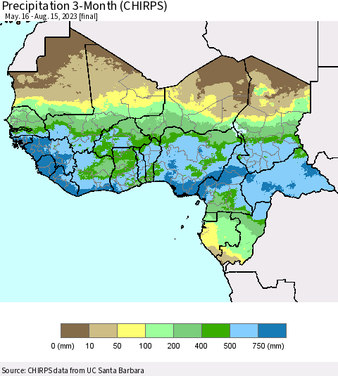 Western Africa Precipitation 3-Month (CHIRPS) Thematic Map For 5/16/2023 - 8/15/2023