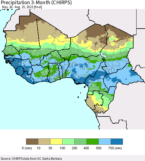 Western Africa Precipitation 3-Month (CHIRPS) Thematic Map For 5/26/2023 - 8/25/2023