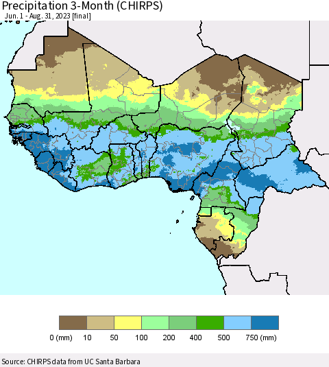 Western Africa Precipitation 3-Month (CHIRPS) Thematic Map For 6/1/2023 - 8/31/2023